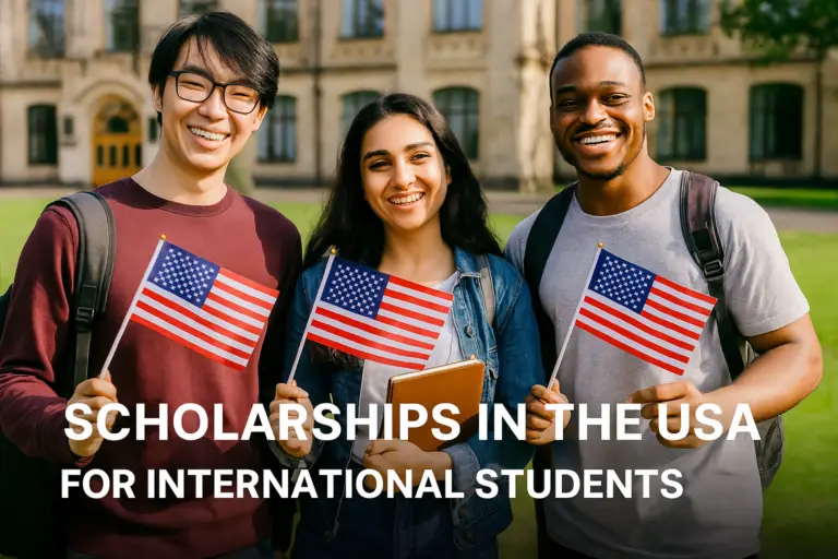 Three international students smiling while holding American flags in front of a university, promoting scholarships in the USA for international students.
