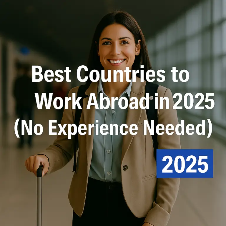 Young professional smiling with a suitcase and backpack, representing working abroad opportunities in 2025