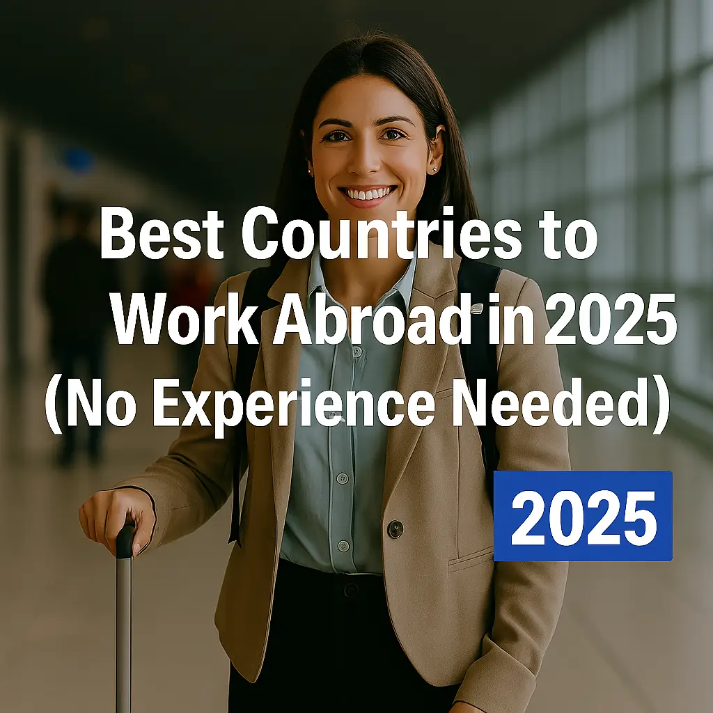 Young professional smiling with a suitcase and backpack, representing working abroad opportunities in 2025