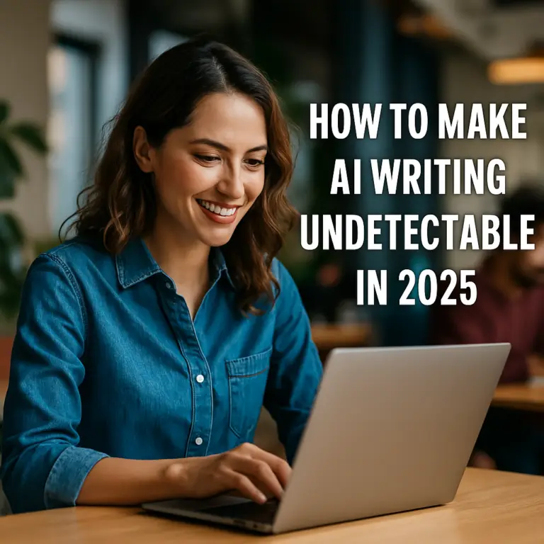 Young student working on laptops with a vibrant background, representing AI writing and undetectable content creation in 2025.