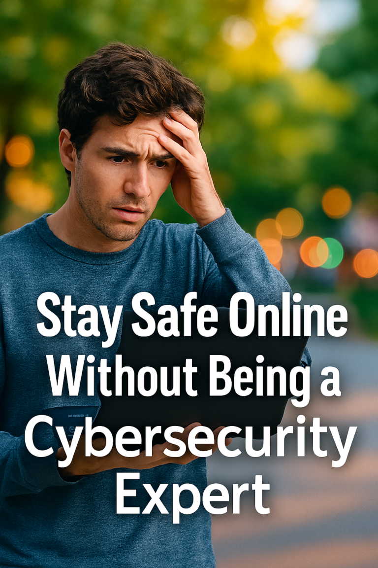 Confused young man holding a laptop, looking at the screen with a vibrant tech-themed background, representing online safety and cybersecurity awareness.