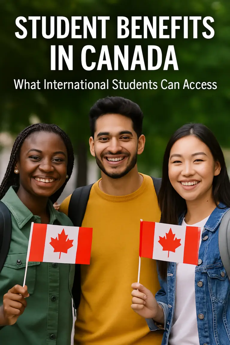 Three diverse international students smiling and holding Canadian flags, representing access to student benefits in Canada.