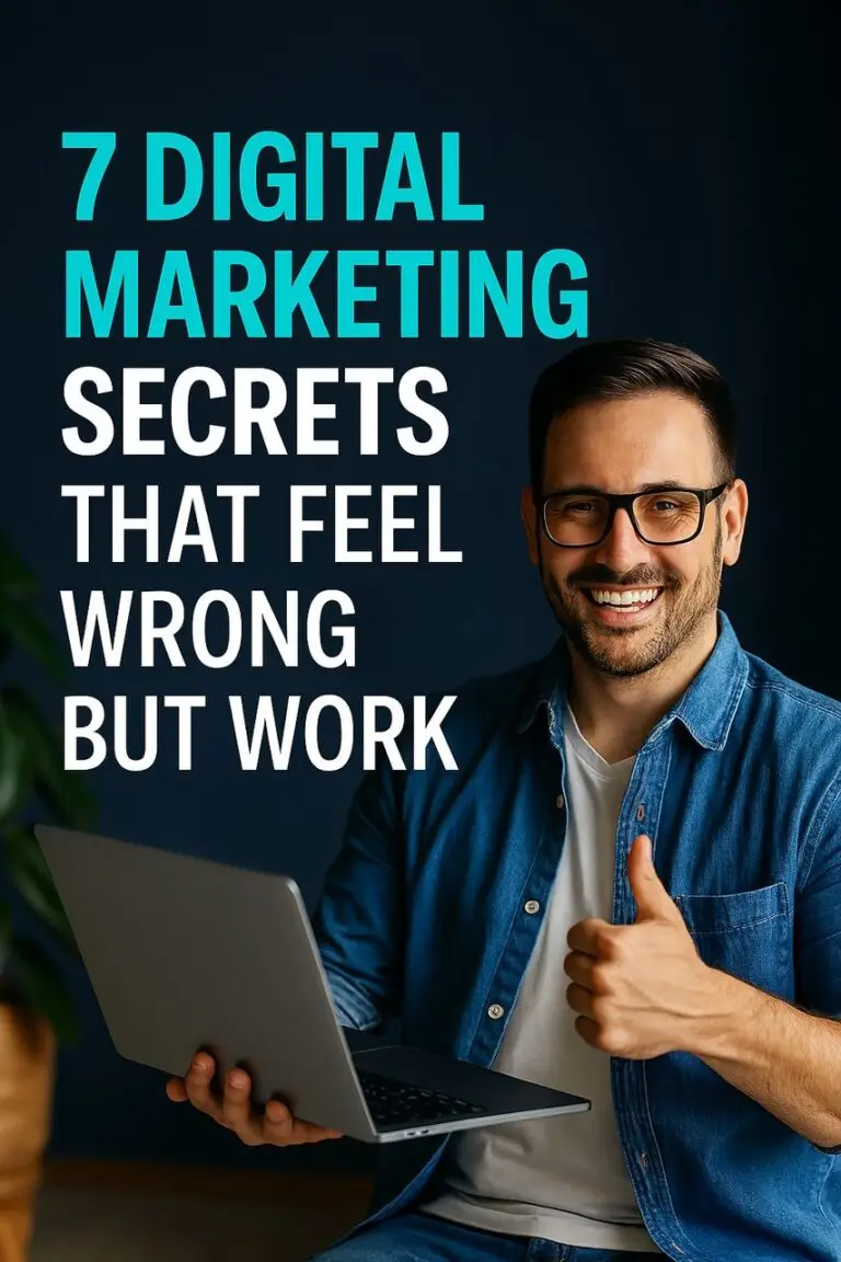 Smiling digital marketer holding a laptop and giving a thumbs-up, with bold text overlay reading ‘7 Digital Marketing Secrets That Feel Wrong But Work’