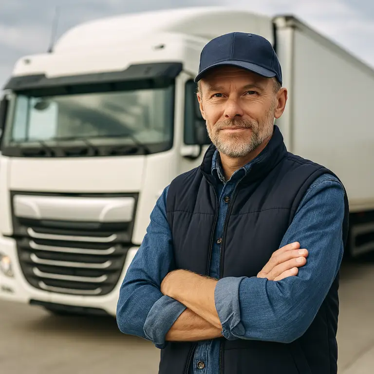 Middle-aged truck driver standing confidently in front of a semi-truck in Canada, representing skilled job opportunities for immigrants
